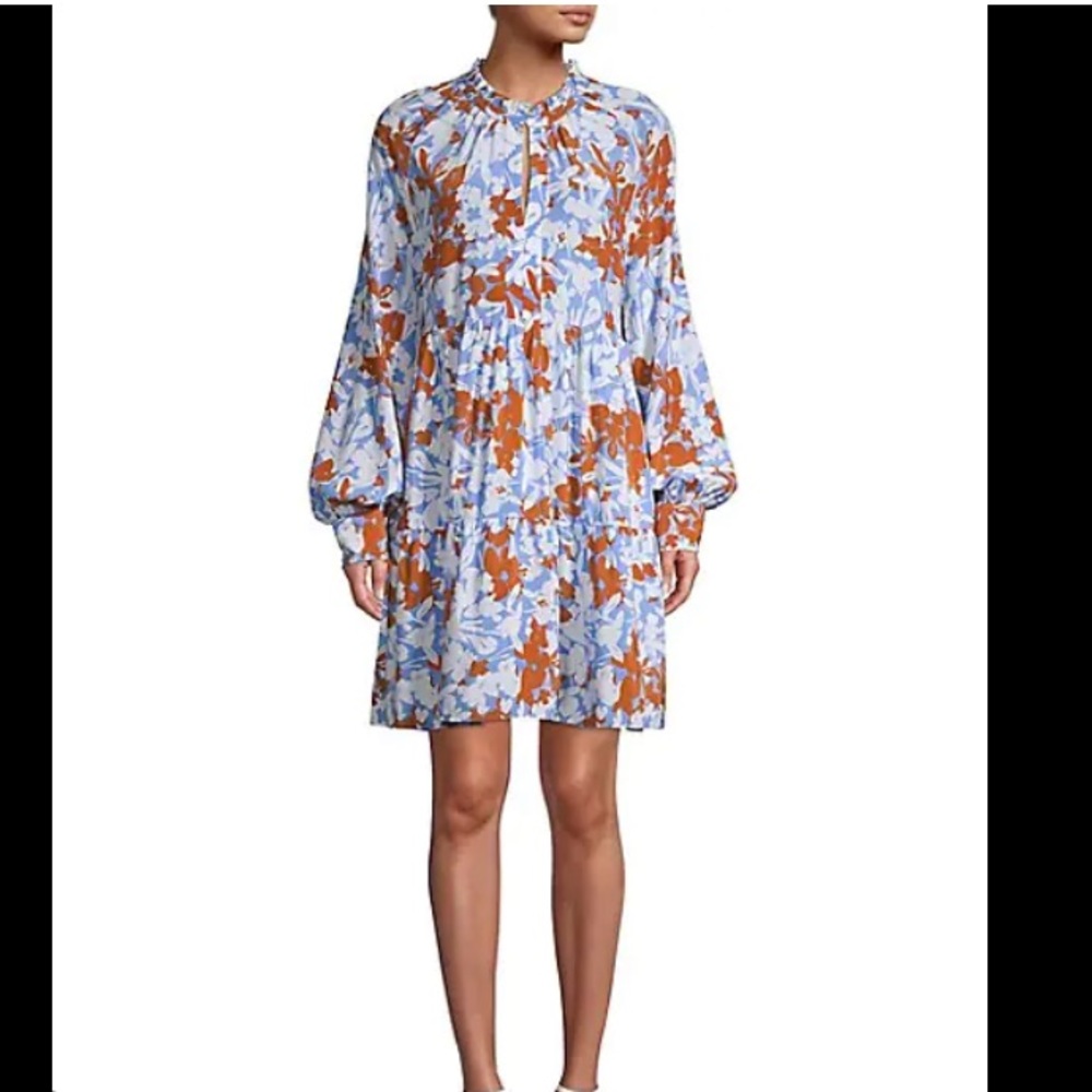 EnTHREAD floral print tiered relaxed fit dress (blue, white & tan / brown) S / M